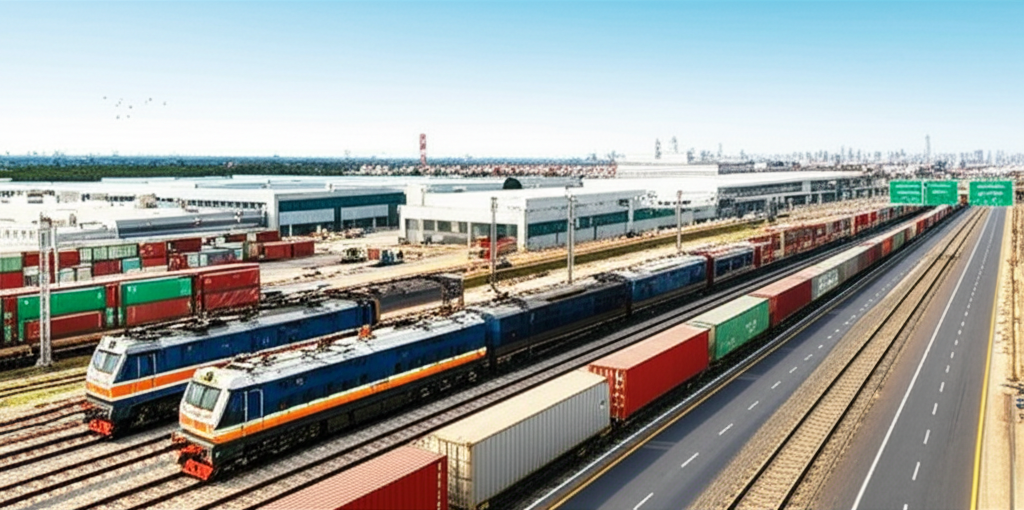 Professional Indian logistics operations showing trains and trucks